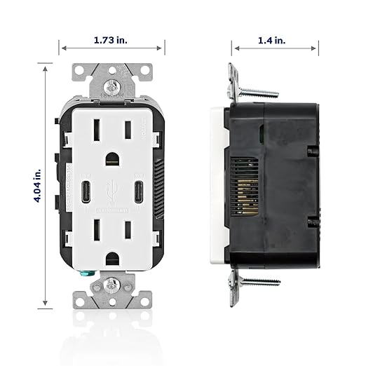 Leviton 30W (6A) USB Dual Type-C/C Power Delivery In-Wall Charger with 15A Tamper-Resistant Outlet USB Charger for Smartphones Tablets Laptops T5635-E Black