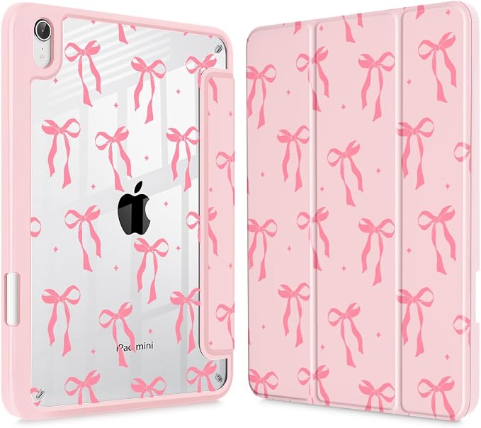 Case for iPad mini (A17 Pro 7th Generation) 2024/iPad Mini (6th Gen) 8.3 Inch with [Built-in Pencil Holder] Shockproof Cover with Clear Transparent Back Shell &amp Auto Wake/Sleep - Blue Bows