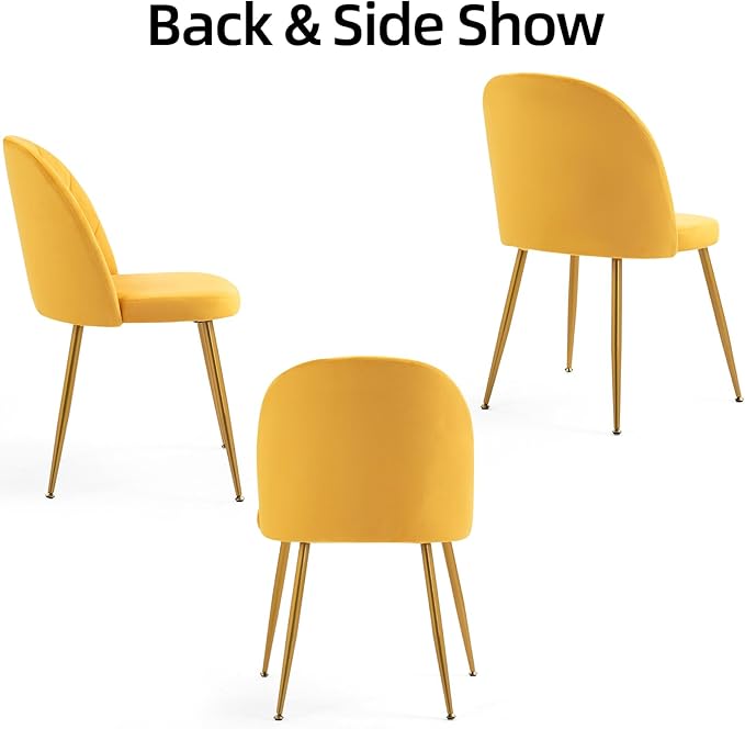 Velvet Dining Chairs Set of 4, Upholstered Mid Century Modern Dining Chairs, Armless Accent Chair with Metal Gold Legs for Living Room, Kitchen, Dining Room, Yellow