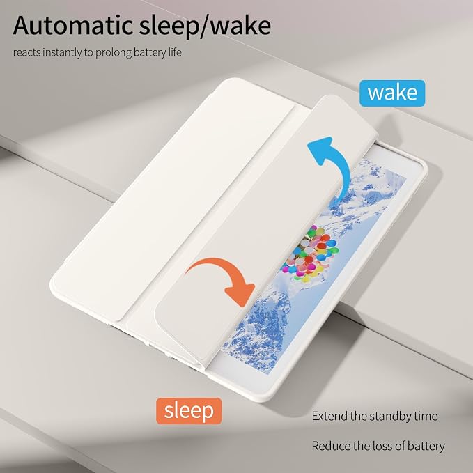 iPad 9th/8th/7th Case with Pencil Holder Silicone Cream White | Ultra-slim shockproof leather cover soft TPU back stable trifold stand auto wake/sleepfor iPad 10.2 Inch 2021/2020/2019