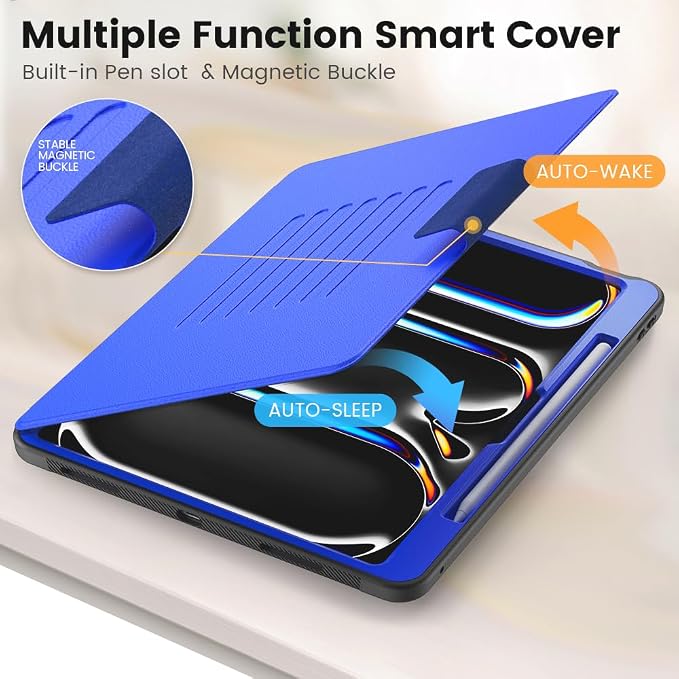 for iPad Pro 11 inch Protective Case M5 2025/M4 2024: Heavy Duty Shockproof Case with Pencil Holder - 360°Rotating Handle/Stand - Screen Protector - Shoulder Strap Black/Sky Blue