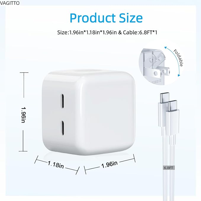 35W Dual USB C Port Compact Power Adapter Compatible with iPhone 16/15/14 MacBook Air iPad Air Pods Foldable Type C Wall Charger Plug Includes 6.8Ft C to C Cable | Wide Compatibility Foldable
