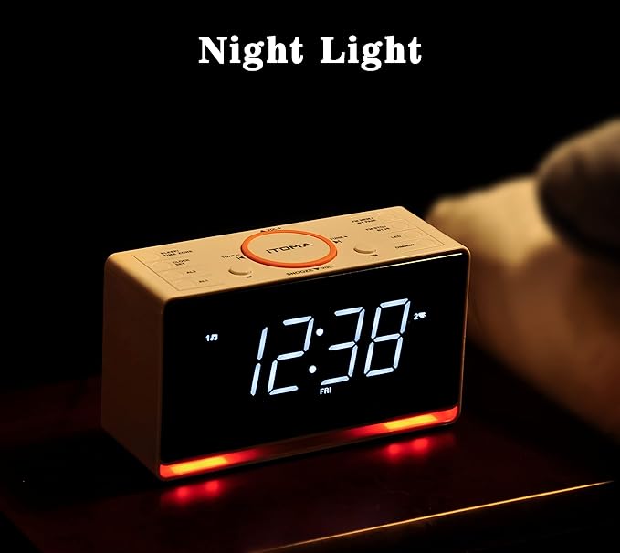 iTOMA Alarm Clock Radio, 1.4" White LED Display Clock with Bluetooth, FM Radio, Dual Alarm, Sleep Timer, Snooze, Auto & Manual Dimmer, USB Charger and Night Light CKS718