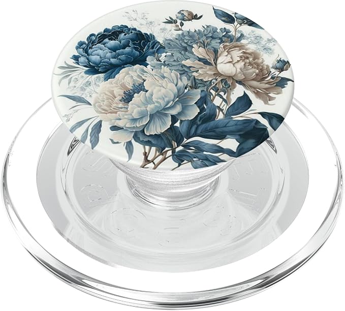 Navy Blue Peonies Blossom Leaves White Flowers Floral Girly PopSockets Adhesive PopGrip