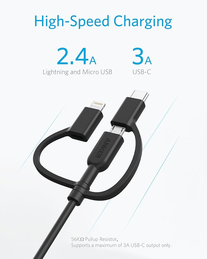Anker Powerline II 3-in-1 Cable Lightning/Type C/Micro USB Cable for iPhone iPad Huawei HTC LG Samsung Galaxy Sony Xperia Android Smartphones iPad Pro 2018 and More(3ft Black) | 3-in-1 Cable