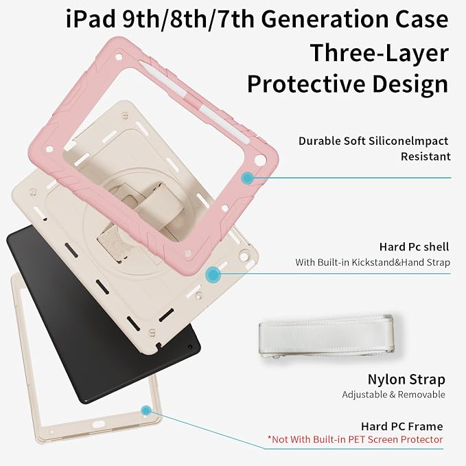 Case for iPad 9th/8th/7th Generation10.2 Shockproof 360 Rotating Stand Shoulder Hand Strap with Pencil Holder for iPad 10.2 inch 2021/2020/2019 Case (Black)
