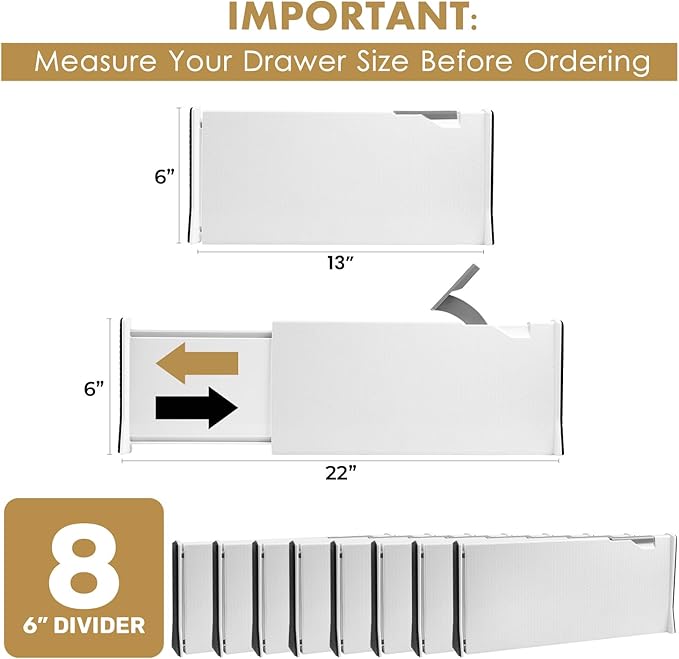 RAPTUROUS Adjustable Deep Drawer Divider – 6" Tall, Expandable 13-22", 8-Pack, Non-Slip Drawer Dividers for Clothes, Dresser, Kitchen & Office Organization (White)
