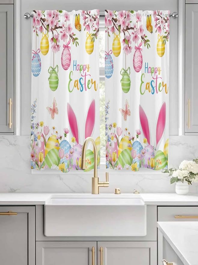 Happy Easter Living Room Curtains 72 Inches length, Spring Watercolor Bunny