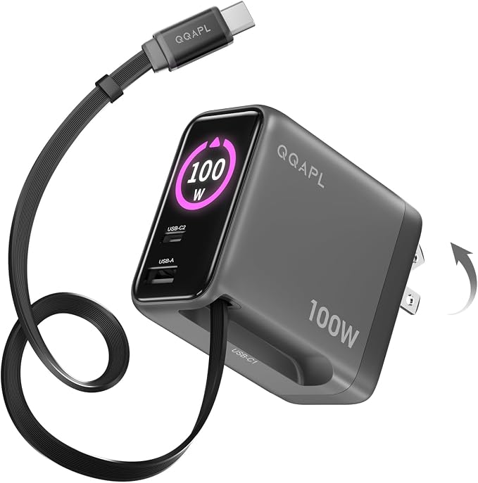 Compact 100W GaN Retractable USB C Wall Charger with Smart Display | Durable Built-in Retractable Cable C1-100W C2-100W A1-30W Compatible with MacBook iPhone Galaxy Pixel iPad(Non-Battery)