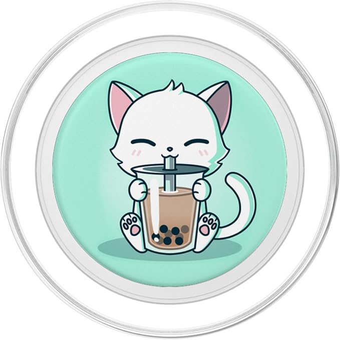 Cute Boba Kit Tea Cat Enjoying Tea Pet Kitty Lover Green PopSockets PopGrip: Swappable Grip for Phones &amp Tablets