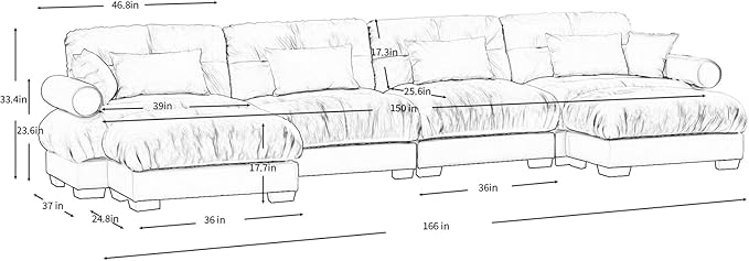 166" Oversized Camel Velvet Cloud Couch - 4 Seater Modular U Shaped Sectional Sofa Set with Ottoman for Living Room