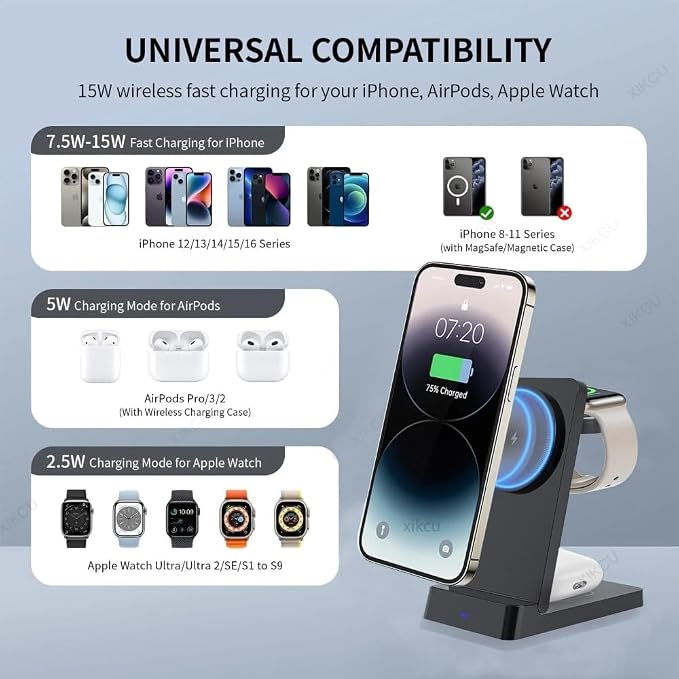 for Magsafe 3 in 1 Magnetic Wireless Charger for iPhone 17 16 15 14 13 12 Apple Watch Airpods Pro Foldable Fast Charging Station (Black)