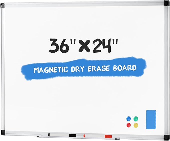 NEWBULIG Magnetic Dry Erase Board, 36" x 24" Large White Board for Wall with 1 Dry Eraser & 2 Multicolor Markers & 4 Magnetic Pins, Silver Aluminum Frame for Office, Home, School