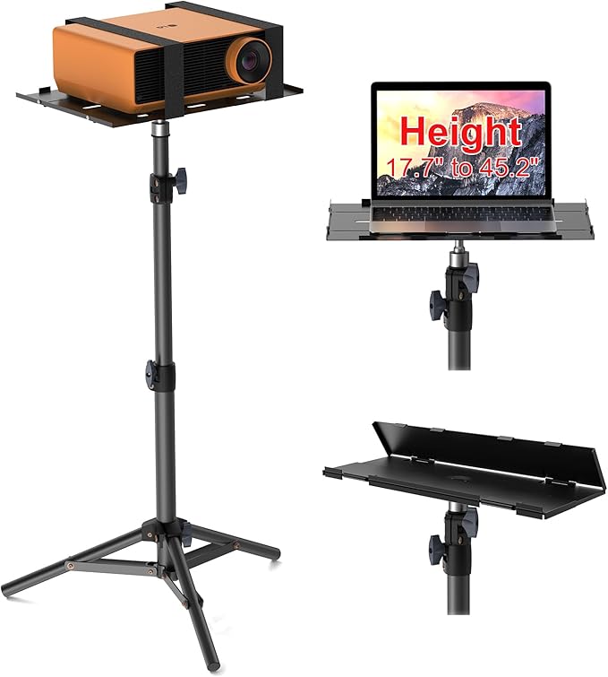 LEORFI Projector Stand Tripod, Laptop Tripod Stand, Foldable Portable Projector Floor Mount, Height Adjustable from 17.7" to 45.2", with Folding Plate, Capacity 22lb, for Outdoor Movies, Home, Office