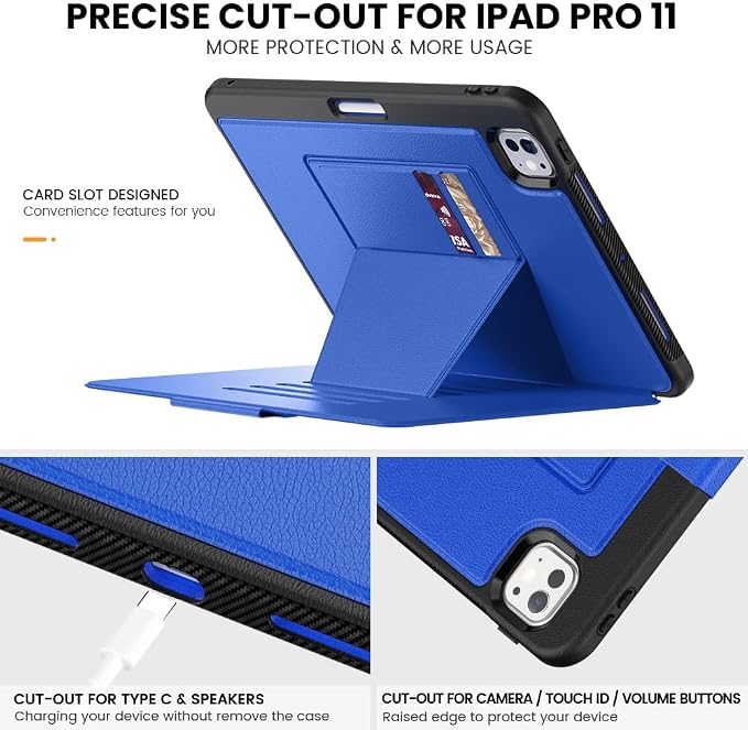 for iPad Pro 11 inch Protective Case M5 2025/M4 2024: Heavy Duty Shockproof Case with Pencil Holder - 360°Rotating Handle/Stand - Screen Protector - Shoulder Strap Black/Sky Blue