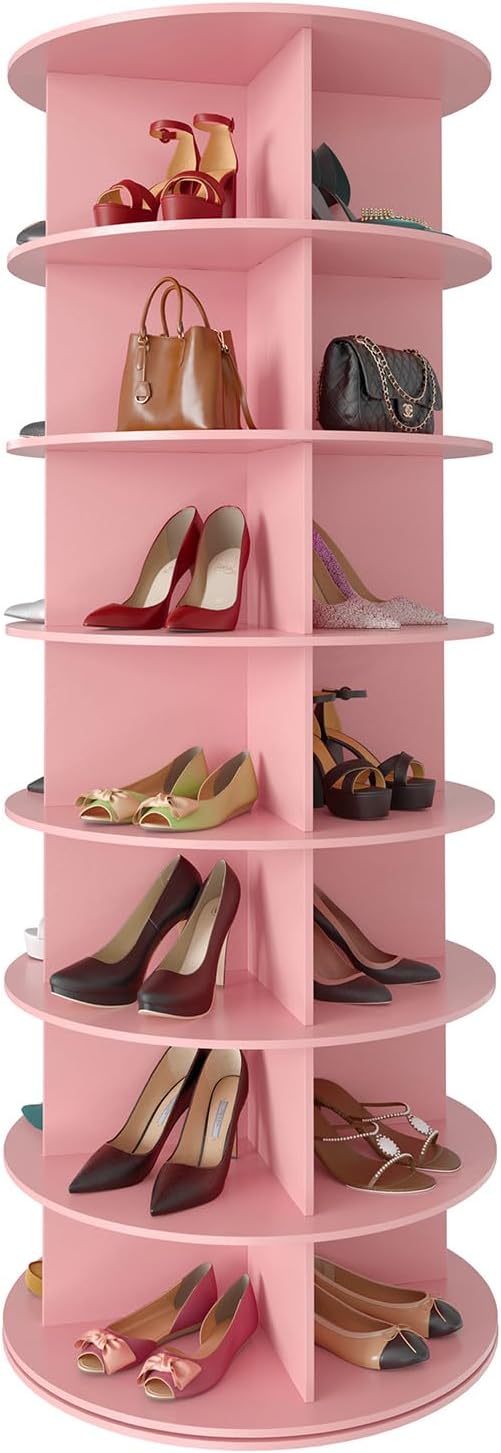 SpaceAid 7 Tier Rotating Shoe Rack Tower, Spinning Shoe Display Lazy Susan, Revolving 360 Shoe Rack Storage Round Carousel, Vertical Handbag Rotate Shoes Closet Organization (7-Tier Pink)
