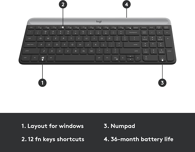 Logitech MK470 Slim Wireless Keyboard and Mouse Combo - Modern Compact Layout, Ultra Quiet, 2.4 GHz USB Receiver, Plug n' Play Connectivity, Compatible with Windows - Graphite