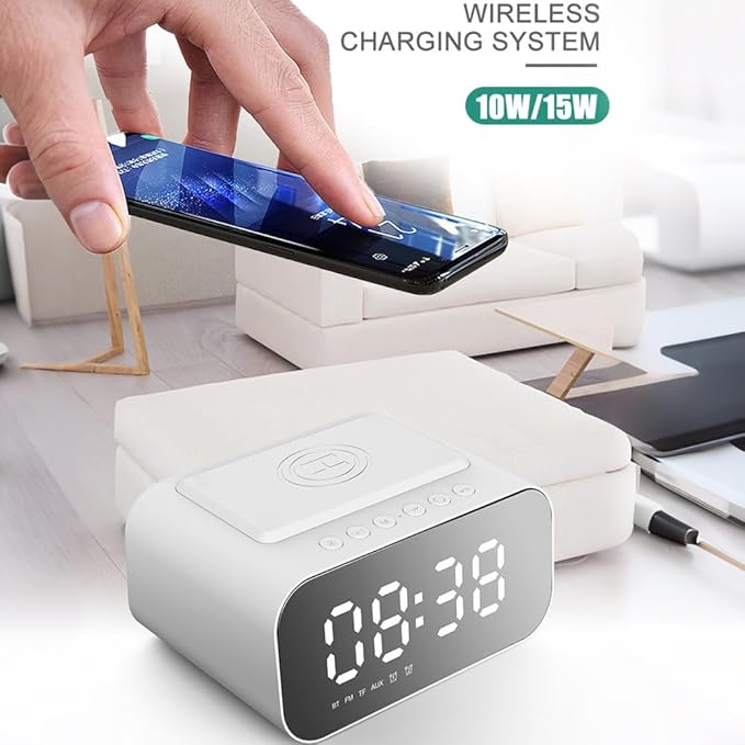 IHAO 7in1 Multifunctional Digital Alarm Clock with 15W Fast Wireless Charger Bluetooth Speaker LED Display Clock FM Radio TF Card, AUX Input, USB Port Dual Alarm for Bedroom and Office-BT510 White