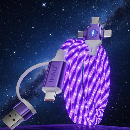 IHAO Multi Ports Light-Up USB Cable USBA to USBC/MicroUSB Cable Durable Fast Charging Cable with Visible Current Flow As Night Light Use-3in1 Blue