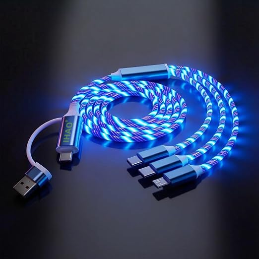 IHAO Multi Ports Light-Up USB Cable USBA to USBC/MicroUSB Cable Durable Fast Charging Cable with Visible Current Flow As Night Light Use-3in1 Blue