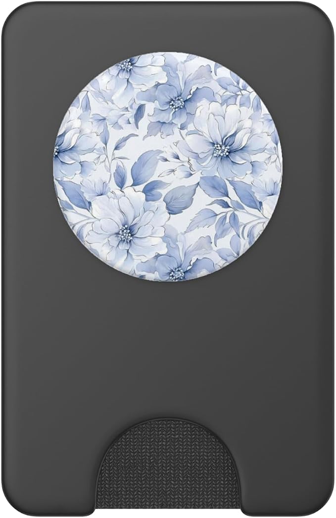 Blue White Floral Illustration Print PopSockets PopWallet for MagSafe