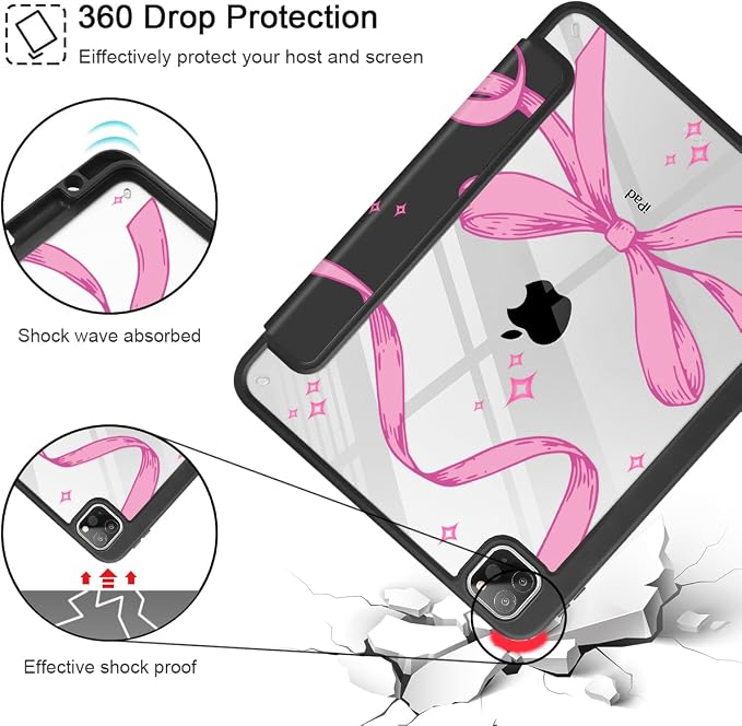 Tuiklol for iPad Pro 11 Inch 4th / 3rd / 2nd / 1st Gen (2022 2021 2020 2018) Case -Built-in Pencil Holder Shockproof Cover Clear Transparent Back Shell with Auto Wake/Sleep Black Flower