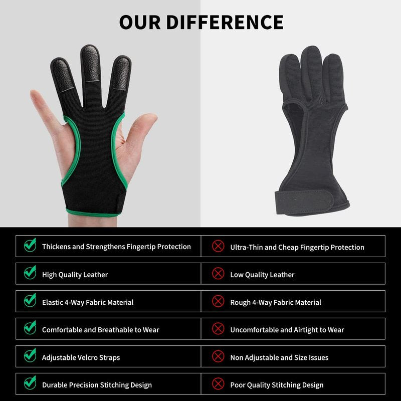 LWANO Archery Gloves Leather Practice Hunting Three Finger Protector for Youth Adult Beginner (Green, Small)