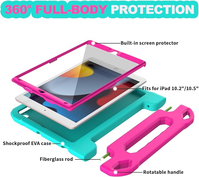 YIHE Kids Case for iPad 10.2 9th/8th/7th Gen Pro 10.5 &amp Air 3 BlackBlue | Full Body Shockproof Protective Cover Handle Stand Built-in Screen Protector Fun Colors