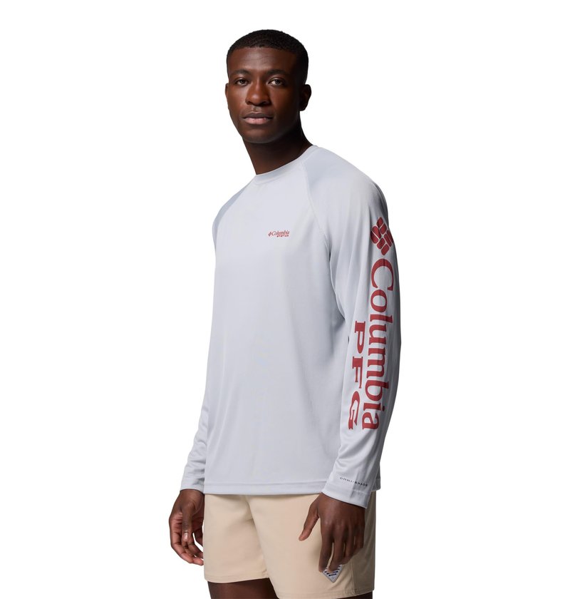 Columbia Men's PFG Terminal Tackle Long Sleeve Fishing Shirt, Cool Grey/Dusty Crimson Logo, Large