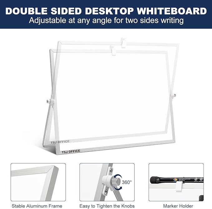 TSJ OFFICE Small White Board - 12 X 16 Inches Small Magnetic Dry Erase Board with Hooks for Wall, Desktop Whiteboard Stand 360 Degrees Revolving Double Sided for Office, Home, School, Silver