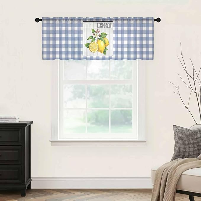 Lemon Sheer Valance Curtains, Summer Fruit Floral Wood Grain Blue Plaid Light