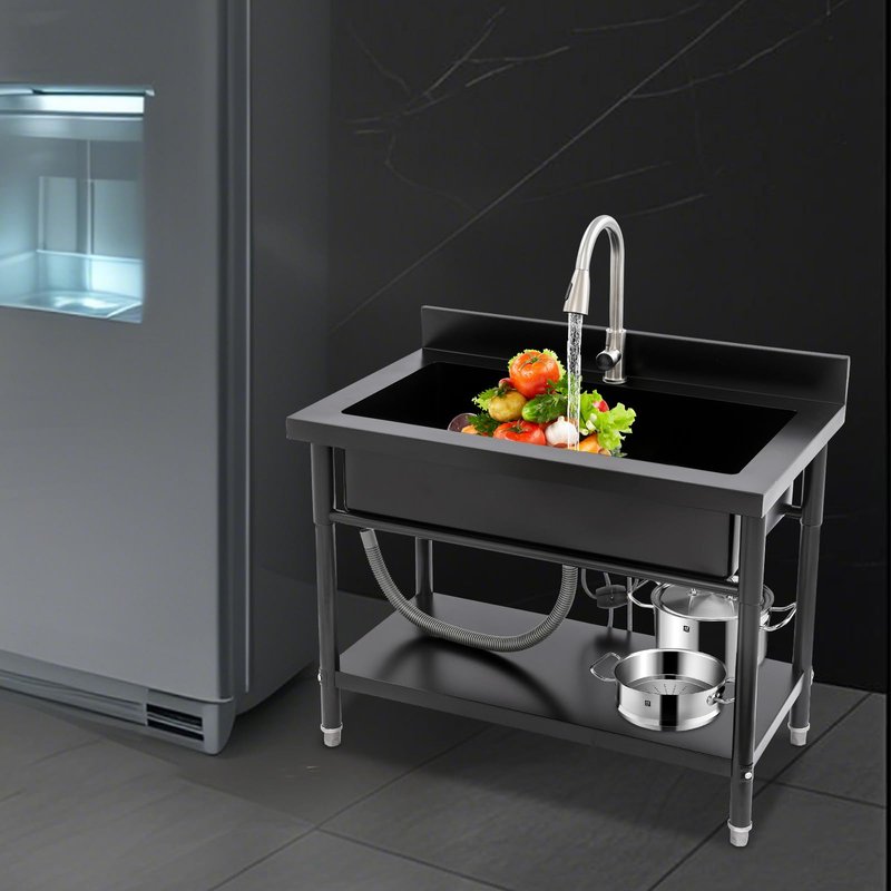Stainless Steel Utility Sink, Freestanding Commercial Kitchen Sink with Pull-Out Faucet, Large Capacity Laundry Sink, Single Bowl Garage Sinks for Garage Basement Outdoor Indoor Use (Black)