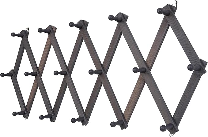 SCUNDA Rustic Wall Mounted Hat Rack with Space Saving Accordion Design, Expandable Hat Holder with 16 Wood Hooks, Modern Farmhouse Wall Hanger for Mug, Coat, Bags(Shabby Grey)