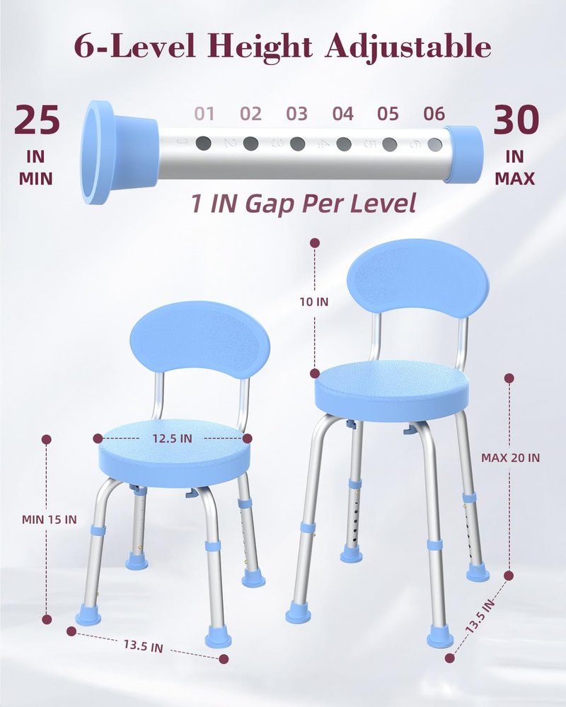 Fvzzin Swivel Shower Chair with Back, 360° Height Adjustable Shower Stool, Compact Space-Saving Design for Small Showers, Non-Slip Bathroom Chair for Seniors & Elderly (Blue)