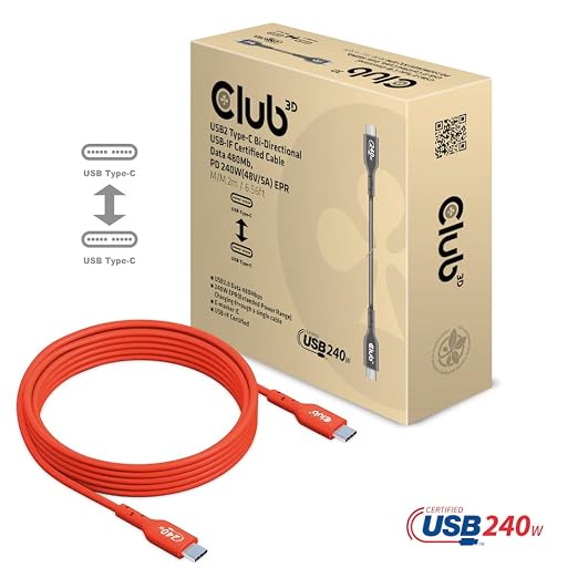 Club 3D CAC-1511 USB2 Type C to Type C Certified Bi-Directional Cable with 240W Charging 480Mb Data Transmission EPR 1m - 3.28ft