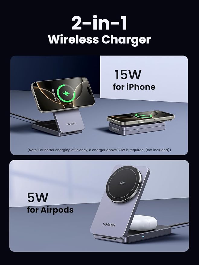 UGREEN Qi2 15W MagFlow Wireless Charger, 2-in-1 MagSafe Fast Charging Station, Foldable Charger Stand for iPhone 17/16/15/14/13/12 Series, AirPods 4/3/2/Pro, with a 3.3FT USB C Charging Cable Grey