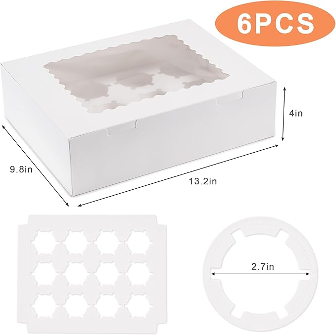 Hoewina 6PCS Cupcake Boxes - Hold 12 Count Cupcake Containers with Window, Food Grade Cupcake Holder Easy Transport and Presentation - Ideal for Cupcakes, Desserts, and More