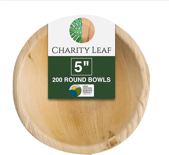 Charity Leaf Disposable Palm Leaf 5" Round Bowl (200 pcs) Dipping Bowls | Bamboo Like| All Natural and Biodegradable | Charcuterie Boards, BBQs, and Parties