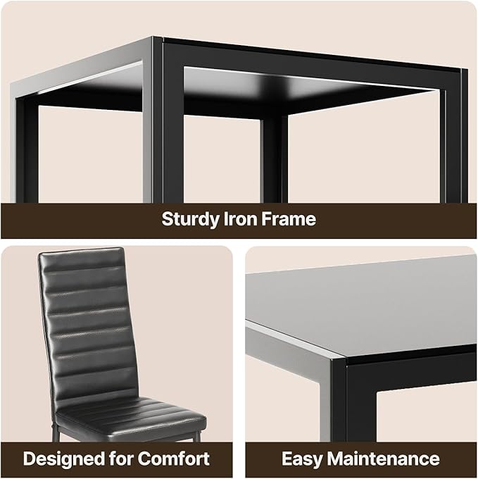 Gizoon 3 Piece Glass Dining Table Set, Kitchen and Chairs for 2, PU Leather Modern Room Sets for Home, Kitchen, Living Room