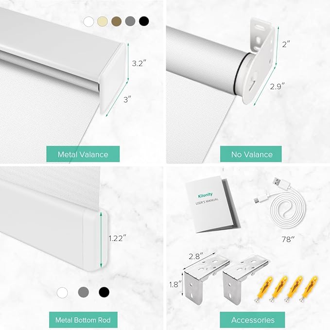 Kilonity Motorized Roller Shades, Light Filtering Remote Control Custom Window Shades Compatible with Alexa Google Assistant via RF Hub, Rechargeable Electric Blinds for Windows (Fireproof White)