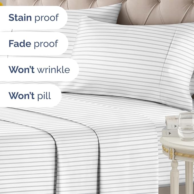 Light Grey and White Striped Sheets - 1 Flat & 1 Fitted Sheet & 2 Pillowcases w/ Deep Pockets - Wrinkle & Fade Resistant, Ultra-Soft, Breathable & Cooling - Luxury Pinstripe Bedding - King Size