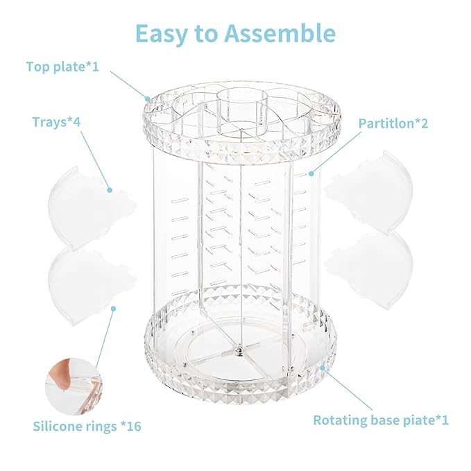 V-HANVER 360 Rotating Makeup Organizer Perfume Organizer Clear Cosmetic Storage Display Case Large Capacity Acrylic Beauty Holder Adjustable Partition Height for Bedroom Dresser or Bathroom Vanity