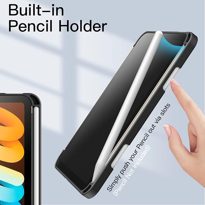 JETech Case Cover for iPad mini A17 Pro/6th Gen (2024/2021) Black | Clear Transparent Back Pencil Holder Slim Shockproof Protection Tri-Fold Stand Auto Wake/Sleep