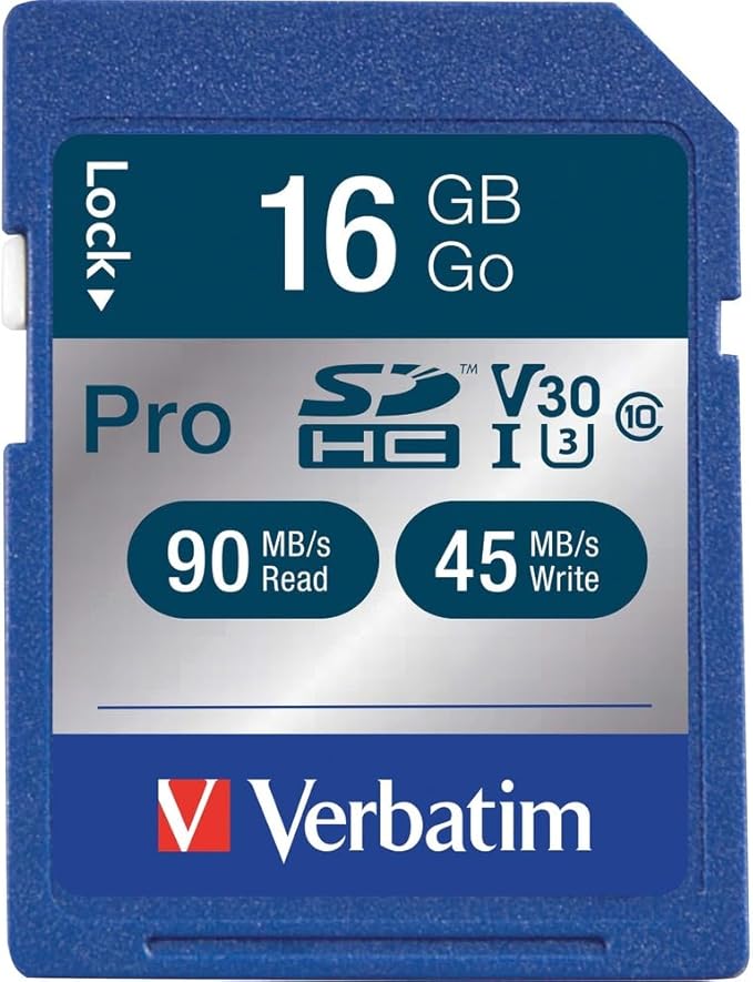 Verbatim 16GB Pro 600X SDHC Memory Card, UHS-I V30 U3 Class 10