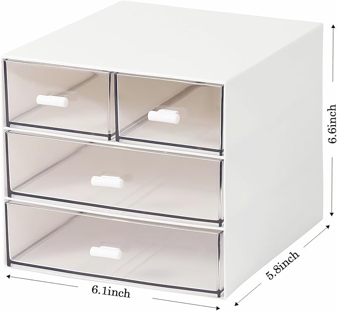 Makeup Organizer with 4 Drawers, Desk Organizer, Cosmetics Storage Box for nail polish, Lipstick, Brushes, Jewelry, Skincare, Bathroom Organization Boxes - White