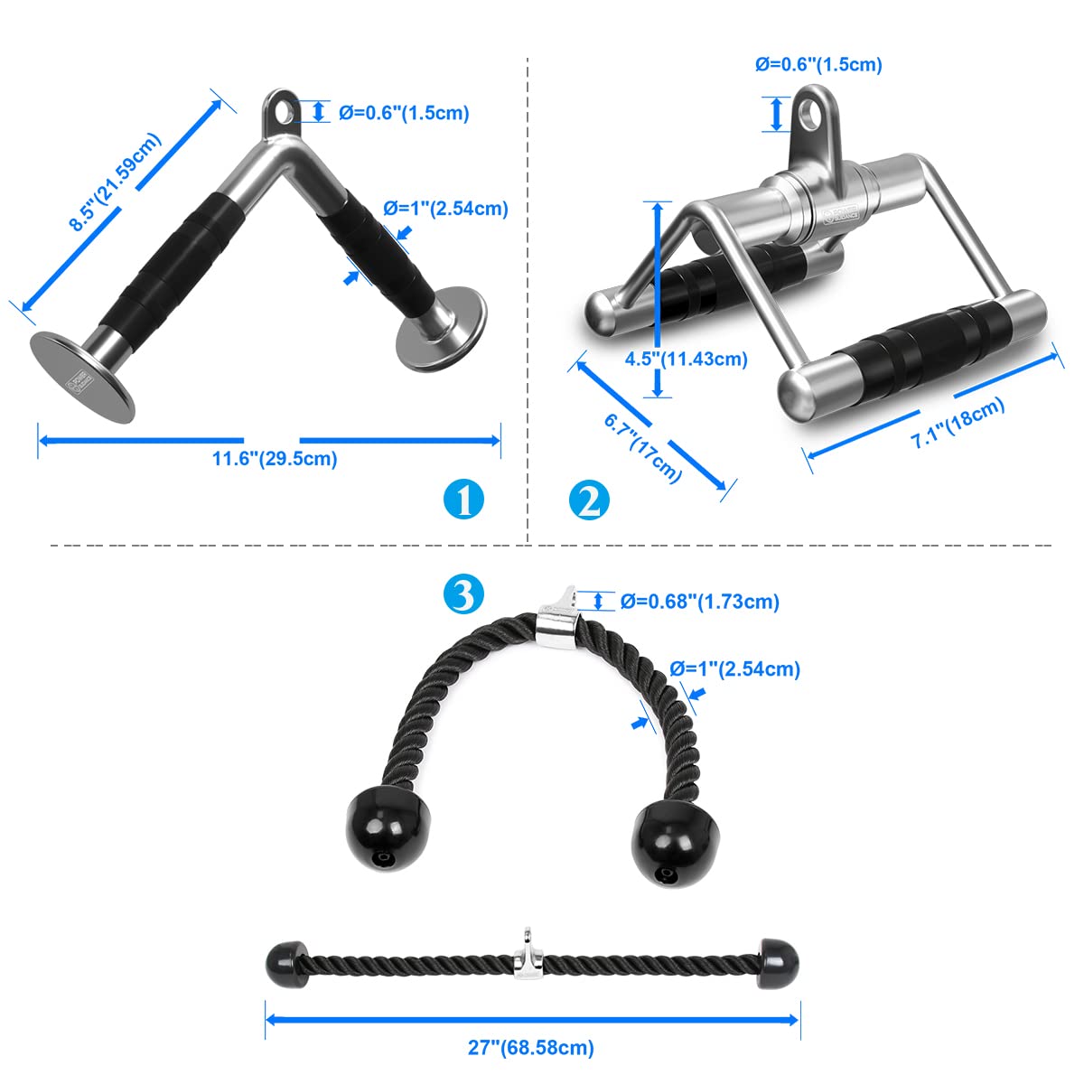 POWER GUIDANCE Cable Machine Attachment, LAT Pulldown Attachments, Cable Attachments for Gym, Home Gym Accessories (3.0 V Handle + Triceps Rope + V-Shaped Bar)