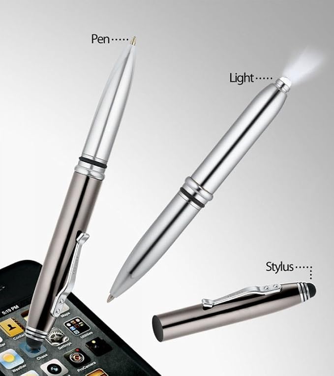Tri-Function Pen - Stylus Pen for Touch Screens with LED Flashlight and Pen (Black)