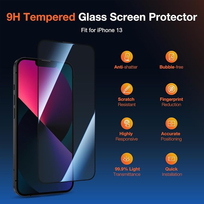 KUZOOM 2Pack Privacy 9H+ Tempered Glass Screen Protector for iPhone 13 | 9H+ Tempered Glass 100% Fingerprint Unlock Automatic Dust Removal Anti-Scratch Protection
