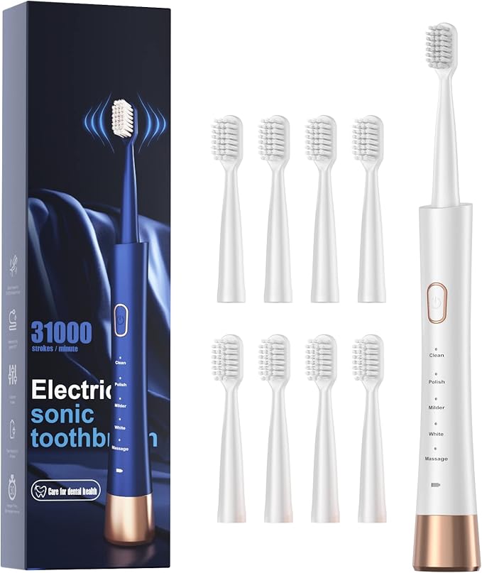 AJELU High Vibration Sonic Electric Toothbrush for Adults with 2 Minutes Smart Timer, Fast Charge Lasts Long, 5 Optional Modes, 8 Replacement Brush Heads Ultra Whitening, White