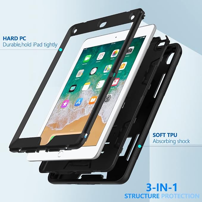 Puxicu Case for iPad 6th / 5th Generation (2018 2017 Model 9.7 Inch) Heavy Duty Rugged Protective Cover for iPad 9.7 Black